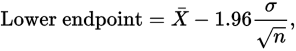 mean minus 1.96 times stdev over sqrt(n)