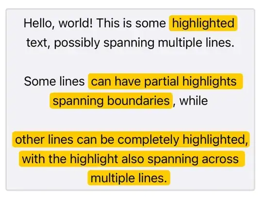 A screenshot of a custom text view containing sample text, displaying like a label with a border and background fill. Some of the words inside of the text view are highlighted in a contrasting yellow color with padding and rounded corners rather than straight, tight-fitting rectangles.