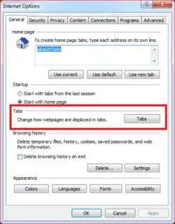 Internet Explorer settings dialog 1