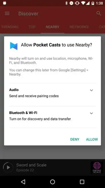 A screenshot from Pocket Casts showing the updated Nearby API permissions prompt; device running API 23 and Google Play Services 9.0.83