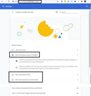 a browser is open to the URL chrome://settings/cookies, which shows that "Block third-party cookies in Incognito" setting is set, choose a setting in your browser that will allow third-party cookies