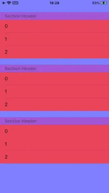 Screenshot of iOS table view. Above each section header is a gap which is the same colour as the table background.