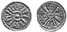  a coin of Alberht I..mw-parser-output cite.citation{font-style:inherit;word-wrap:break-word}.mw-parser-output .citation q{quotes:"\"""\"""'""'"}.mw-parser-output .citation:target{background-color:rgba(0,127,255,0.133)}.mw-parser-output .id-lock-free.id-lock-free a{background:url("//upload.wikimedia.org/wikipedia/commons/6/65/Lock-green.svg")right 0.1em center/9px no-repeat}body:not(.skin-timeless):not(.skin-minerva) .mw-parser-output .id-lock-free a{background-size:contain}.mw-parser-output .id-lock-limited.id-lock-limited a,.mw-parser-output .id-lock-registration.id-lock-registration a{background:url("//upload.wikimedia.org/wikipedia/commons/d/d6/Lock-gray-alt-2.svg")right 0.1em center/9px no-repeat}body:not(.skin-timeless):not(.skin-minerva) .mw-parser-output .id-lock-limited a,body:not(.skin-timeless):not(.skin-minerva) .mw-parser-output .id-lock-registration a{background-size:contain}.mw-parser-output .id-lock-subscription.id-lock-subscription a{background:url("//upload.wikimedia.org/wikipedia/commons/a/aa/Lock-red-alt-2.svg")right 0.1em center/9px no-repeat}body:not(.skin-timeless):not(.skin-minerva) .mw-parser-output .id-lock-subscription a{background-size:contain}.mw-parser-output .cs1-ws-icon a{background:url("//upload.wikimedia.org/wikipedia/commons/4/4c/Wikisource-logo.svg")right 0.1em center/12px no-repeat}body:not(.skin-timeless):not(.skin-minerva) .mw-parser-output .cs1-ws-icon a{background-size:contain}.mw-parser-output .cs1-code{color:inherit;background:inherit;border:none;padding:inherit}.mw-parser-output .cs1-hidden-error{display:none;color:#d33}.mw-parser-output .cs1-visible-error{color:#d33}.mw-parser-output .cs1-maint{display:none;color:#2C882D;margin-left:0.3em}.mw-parser-output .cs1-format{font-size:95%}.mw-parser-output .cs1-kern-left{padding-left:0.2em}.mw-parser-output .cs1-kern-right{padding-right:0.2em}.mw-parser-output .citation .mw-selflink{font-weight:inherit}html.skin-theme-clientpref-night .mw-parser-output .cs1-maint{color:#18911F}html.skin-theme-clientpref-night .mw-parser-output .cs1-visible-error,html.skin-theme-clientpref-night .mw-parser-output .cs1-hidden-error{color:#f8a397}@media(prefers-color-scheme:dark){html.skin-theme-clientpref-os .mw-parser-output .cs1-visible-error,html.skin-theme-clientpref-os .mw-parser-output .cs1-hidden-error{color:#f8a397}html.skin-theme-clientpref-os .mw-parser-output .cs1-maint{color:#18911F}}"Full Record of 1995.6002: coin of Alberht". The Fitzwilliam Museum, Cambridge. Archived from the original on 22 February 2019. Retrieved 22 February 2019. Both sides of the coin have text in runes laid out between the limbs of a saltire pommée, decorated with pellets. Obverse: eþ æl be rt; reverse: ti æl re d.Archibald, Cowell & Fenwick 1996, p.&nbsp;8.