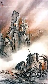 Gao Jianfu (Chinese: 高劍父, 1879–1951), Fire on the Eastern Battlefield, Chinese: 東戰場的烈焰, ink and color on Xuan paper, 1930s, 166 x 92 cm. Lingnan School of Painting in Guangzhou Museum of Art, China.