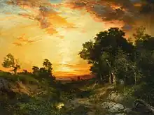 painting of a view of the sun setting in the distance seen through a gap between trees