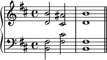 {
\new PianoStaff <<
\new Staff <<
\relative c' {
\clef treble \key b \minor \time 4/4
<d b'>2 <cis ais'> <d b'>1
}
>>
\new Staff <<
\relative c {
\clef bass \key b \minor \time 4/4
<b fis'>2 <fis' cis'> <b, fis'>1 \bar "||"
}
>>
>> }
