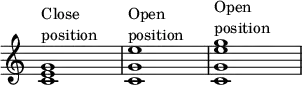 {
\override Score.TimeSignature
#'stencil = ##f
\override Score.SpacingSpanner.strict-note-spacing = ##t
\set Score.proportionalNotationDuration = #(ly:make-moment 1/4)
\time 4/4
\set Staff.midiInstrument = #"piano"
\relative c' {
<c e g>1^\markup { \column { "Close" "position" } }
<c g' e'>^\markup { \column { "Open" "position" } }
<c g' e' g>^\markup { \column { "Open" "position" } }
}
}