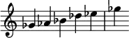 {
\override Score.TimeSignature #'stencil = ##f
\relative c'' {
\time 5/4
ges aes bes des ees ges
} }