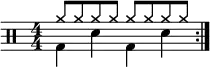\new Staff <<
\new voice \relative c' {
\clef percussion
\numericTimeSignature
\time 4/4
\set Score.tempoHideNote = ##t \tempo 4 = 100
\stemDown \repeat volta 2 { g4 d' g, d' }
}
\new voice \relative c'' {
\override NoteHead.style = #'cross
\stemUp \repeat volta 2 { a8 a a a a a a a }
}
>>