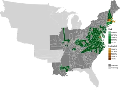 Map of presidential election results by county, shaded according to winning party's percentage of the vote