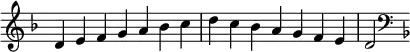 {
\omit Score.TimeSignature \relative c' {
\key d \minor \time 7/4 d e f g a bes c d c bes a g f e d2
\clef F \key d \minor
} }
