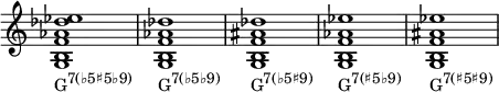 {
\override Score.TimeSignature #'stencil = ##f
\relative c' {
\clef treble
\time 4/4
\key c \major
\textLengthOn
<g b f' aes des es>1_\markup { \concat { "G" \raise #1 \small { "7(♭5♯5♭9)" } } }
<g b f' aes des>_\markup { \concat { "G" \raise #1 \small { "7(♭5♭9)" } } }
<g b f' ais des>_\markup { \concat { "G" \raise #1 \small { "7(♭5♯9)" } } }
<g b f' aes es'>_\markup { \concat { "G" \raise #1 \small { "7(♯5♭9)" } } }
<g b f' ais es'>_\markup { \concat { "G" \raise #1 \small { "7(♯5♯9)" } } }
} }