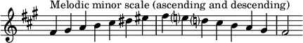 {
\omit Score.TimeSignature \relative c' {
\key fis \minor \time 7/4 fis^"Melodic minor scale (ascending and descending)" gis a b cis dis eis fis e? d? cis b a gis fis2
} }