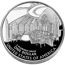 The reverse of the 2005 Chief Justice John Marshall silver dollar depicts the Supreme Court chamber during Marshall's term