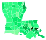 Support for Edwards by parish:&nbsp;&nbsp;>7%&nbsp;&nbsp;6–7%&nbsp;&nbsp;4–5%&nbsp;&nbsp;3–4%&nbsp;&nbsp;2–3%&nbsp;&nbsp;1–2%&nbsp;&nbsp;<1%
