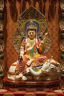 Shrine to Samantabhadra (Chinese: 普賢菩薩; pinyin: Pǔxián Púsà), one of the eight Zodiac protectors, within the Universal Wisdom Hall
