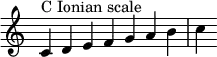 {
\override Score.TimeSignature #'stencil = ##f
\relative c' {
\clef treble \time 7/4
c4^\markup { C Ionian scale } d e f g a b c
} }