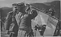 Allied commander-in-chief Louis Franchet d'Espèrey decorates the battle flag of the 5th Archipelago Regiment in June 1918, with commander Dimitrios Ioannou to his left