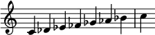 {
\override Score.TimeSignature #'stencil = ##f
\relative c' {
\clef treble
\time 7/4 c4 des es fes ges aes bes c
} }