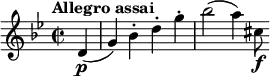 \relative c' {
\time 2/2
\tempo "Allegro assai"
\key g \minor
\set Staff.midiInstrument = #"violin"
\set Score.tempoHideNote = ##t \tempo 2 = 120
\partial 4 d\p ( g ) bes-. d-. g-. bes2 ( a4 ) cis,8\f
}