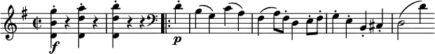 \relative g'' {
\key g \major \time 2/2
<g b, d,>4-. \f r <a d,d,>-. r
<b d, d,>4-. r r \bar ".|:" \clef "bass" d,,-. \p
b4( g) c( a)
fis4( a8) fis-. d4 e8-. fis-.
g4-. e-. b-. cis-.
d2( d'4)
}