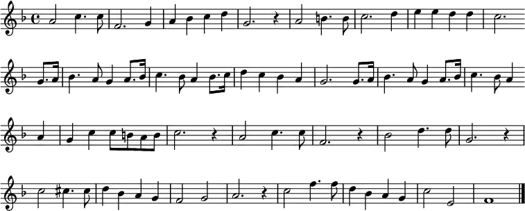 {
\clef treble \key f \major \tempo 4=100 \set Staff.midiInstrument = "clarinet" {
\set Score.tempoHideNote = ##t
\override Score.BarNumber #'transparent = ##t
\time 4/4
\transpose c c'
\relative
{ a2 c4. c8 | f,2. g4 | a bes c d | g,2. r4 | a2 b4. b8 | c2. d4 | e e d d | c2. \bar"" \break
g8. a16 | bes4. a8 g4 a8. bes16 | c4. bes8 a4 bes8. c16 | d4 c bes a | g2. g8. a16 | bes4. a8 g4 a8. bes16 | c4. bes8 a4 \bar"" \break
a | g c c8 b a b | c2. r4 | a2 c4. c8 | f,2. r4 | bes2 d4. d8 | g,2. r4 | \break
c2 cis4. cis8 | d4 bes a g | f2 g | a2. r4 | c2 f4. f8 | d4 bes a g | c2 e, | f1 \bar "|."}
}
}