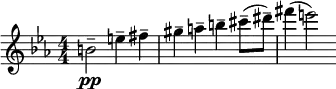 \relative c'' { \clef treble \numericTimeSignature \time 4/4 \key c \minor
b2--\pp e4-- fis-- | gis-- a-- b-- cis8--( dis--) | fis4( e2) }