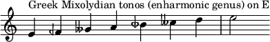 {
\override Score.TimeSignature #'stencil = ##f
\relative c' {
\clef treble \time 7/4
e4^\markup { Greek Mixolydian tonos (enharmonic genus) on E } feh geses a beseh ceses d e2
} }
