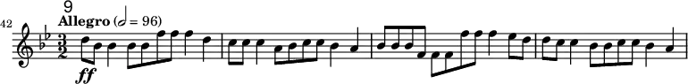 \relative c'' \new Staff {
\key bes \major \clef "treble"
\set Staff.midiInstrument = "oboe"
\tempo "Allegro" 2 = 96
\set Score.currentBarNumber = #42 \bar ""
\override Score.RehearsalMark #'self-alignment-X = #1
\mark \markup \sans 9
\time 3/2 d8\ff bes bes4 bes8 bes f' f f4 d | c8 c c4 a8 bes c c bes4 a |
bes8 bes bes f f f f' f f4 es8 d | d c c4 bes8 bes c c bes4 a |
}