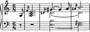 {
\new PianoStaff <<
\new Staff <<
\new Voice \relative c {
\clef treble \key a \minor \time 6/8
\partial8 s8 s2. \stemUp \slashedGrace { dis'8 } gis4.^~ gis4 \parenthesize a8 \slashedGrace { ais8 } \stemUp b2.
}
\new Voice \relative c' {
\partial8 a8 \slashedGrace { f'8 } \parenthesize <a, c e>2. \stemDown dis2._( d)
}
>>
\new Staff <<
\relative c {
\clef bass \key a \minor \time 6/8
\partial8 r8 R2. <e~ b'>2. <e gis>2.
}
>>
>> }