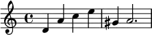 { \relative c' { \time 4/4 d4 a' c e gis, a2. } }
