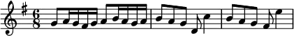 {
#(set-global-staff-size 18)
\set Score.currentBarNumber = #1
\bar ""
\key g \major \time 6/8
\relative c'' {
\clef treble
g8 a16 g fis g a8 b16 a g a
b8 a g d c'4
b8 a g fis e'4
} }