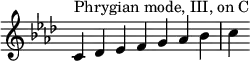 {
\override Score.TimeSignature #'stencil = ##f
\key c \phrygian
\relative c' {
\clef treble
\time 7/4 c4^\markup { Phrygian mode, III, on C } des es f g aes bes c
} }