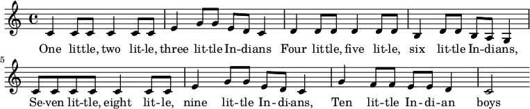 \relative c' { \set Score.tempoHideNote = ##t \tempo 4 = 120 \key c \major \time 4/4
c4 c8 c8 c4 c8 c8 | e4 g8 g8 e8 d8 c4 | d4 d8 d8 d4 d8 d8 | b4 d8 d8 b8 a8 g4 | c8 c8 c8 c8 c4 c8 c8 | e4 g8 g8 e8 d8 c4 | g'4 f8 f8 e8 e8 d4 c2|
}
\addlyrics {
One lit -- tle, two lit -- le, three lit -- tle In -- di -- ans
Four lit -- tle, five lit -- le, six lit -- tle In -- di -- ans,
Se -- ven lit -- tle, eight lit -- le, nine lit -- tle In -- di -- ans,
Ten lit -- tle In -- di -- an boys }