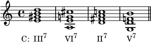 {
\relative c' {
\clef treble
\time 4/4
\key c \major
<e gis b d>1_\markup { \concat { \translate #'(-3.5 . 0) { "C: III" \raise #1 \small "7" \hspace #5 "VI" \raise #1 \small "7" \hspace #5.5 "II" \raise #1 \small "7" \hspace #5.5 "V" \raise #1 \small "7" } } }
<a, e' g! cis> <d fis a c!> < g, d' f! b> \bar "||"
} }