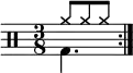 \new Staff <<
\new voice \relative c' {
\clef percussion
\numericTimeSignature
\time 3/8
\set Score.tempoHideNote = ##t \tempo 4. = 80
\stemDown \repeat volta 2 { g4. }
}
\new voice \relative c'' {
\override NoteHead.style = #'cross
\stemUp \repeat volta 2 { a8 a a }
}
>>