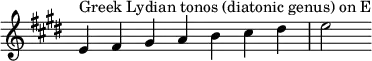 {
\key e \major
\override Score.TimeSignature #'stencil = ##f
\relative c' {
\clef treble \time 7/4
e4^\markup { Greek Lydian tonos (diatonic genus) on E } fis gis a b cis dis e2
} }