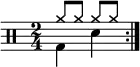 \new Staff <<
\new voice \relative c' {
\clef percussion
\numericTimeSignature
\time 2/4
\set Score.tempoHideNote = ##t \tempo 4 = 100
\stemDown \repeat volta 2 { g4 d' }
}
\new voice \relative c'' {
\override NoteHead.style = #'cross
\stemUp \repeat volta 2 { a8 a a a }
}
>>