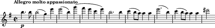 \relative c''' {\set Score.tempoHideNote = ##t \set Staff.midiInstrument = #"violin" \tempo "Allegro molto appassionato" 2 = 100 \key e \minor \time 2/2 \partial 2 b4.\p b8 b2( g4) e' e2( b4_) g'( fis e c e) b2. b4 c(b8 a8) a4 a e'2.( b4) c( b8 a) a4 a dis2 }