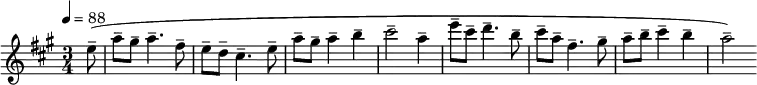 \relative c'' { \set Staff.midiInstrument = #"flute"
\tempo 4 = 88
\key a \major
\time 3/4
\partial8 e8--( a-- gis-- a4.-- fis8-- e-- d-- cis4.-- e8-- a-- gis-- a4-- b-- cis2-- a4-- e'8-- cis-- d4.-- b8-- cis-- a-- fis4.--
gis8-- a-- b-- cis4-- b-- a2--)
}
