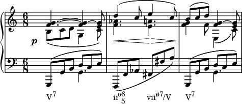{
#(set-global-staff-size 16)
\new PianoStaff <<
\new Staff <<
\new Voice \relative c' {
\stemUp \time 6/8
<f g>4.^~ <f g>4^~ <e g>8
d'4^( c8 e4 c8)
b^( c d) <f, g>4^~ <e g>8
}
\new Voice \relative c' {
\stemDown
\override DynamicText.X-offset = #-4
\override DynamicLineSpanner.staff-padding = #4
b8_(\p c d g,4 c8)
<f aes>4.\< <e a>4.\>
<f g>4\! f8 e,4_( c'8)
}
>>
\new Staff <<
\new Voice \relative c, {
\clef F \time 6/8
\stemUp g8^( g' b d c e)
\stemNeutral f,,( f' aes fis fis' a)
\stemUp g,,8^( g' b d c e)
}
\new Voice \relative c {
\stemDown
s4._\markup { \concat { "V" \raise #1 \small "7" \hspace #16 "ii" \raise #1 \small "o" \combine \raise #1 \small 6 \lower #1 \small 5 \hspace #6 "vii" \raise #1 \small "ø7" "/V" \hspace #4 "V" \raise #1 \small "7" } } g s2. s4. g
}
>>
>>
}