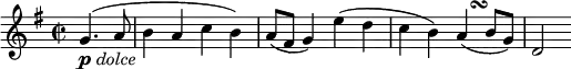 \relative g' {
\key g \major \time 2/2
\partial 2 g4.( _\markup{ \musicglyph #"p" \italic "dolce" } a8
b4 a c b)
a8( fis g4) e'( d
c4 b) a( -\tweak X-offset #2.8 \turn b8 g)
d2
}