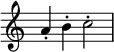 {
\override Score.TimeSignature #'stencil = ##f \relative c'' {
a4-. b-. c2-.
}
}