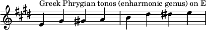{
\key e \major
\override Score.TimeSignature #'stencil = ##f
\relative c' {
\clef treble \time 4/4
e4^\markup { Greek Phrygian tonos (enharmonic genus) on E } gis gisih a b dis disih e
} }