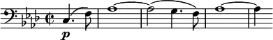 \relative c { \set Staff.midiInstrument = #"cello" \clef bass \key f \minor \time 2/2 \partial 2*1 c4.\p( f8) | aes1~ | aes2( g4. f8) | aes1~ | aes4 }
