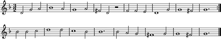 { \key f \major \time 3/2
\set Score.tempoHideNote = ##t
\tempo 2=100
\set Staff.midiInstrument = "english horn"
\override Staff.TimeSignature #'stencil = ##t
\repeat volta 2 {d'2 g' a' bes'1 a'2 g'1 a'2 fis'2 d' r f' f' e' d'1 g'2 g'1 fis'2 g'1.
\override Score.BarNumber #'transparent = ##t}
{bes'2 bes' c'' d''1 d''2 c''1 bes'2 bes'1. bes'2 a' g' fis'1 g'2 g'1 fis'2 g'1. \bar "|."}
}