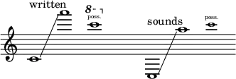 {
\new Staff \with { \remove "Time_signature_engraver" }
\clef treble \key c \major \cadenzaOn
c'1 ^ \markup "written" \glissando a'''1
\tweak font-size #-2 \ottava #+1 c''''1 \finger \markup \text "poss."
\ottava #0 \hide r1
c1 ^ \markup "sounds" \glissando a''1
\tweak font-size #-2 c'''1 \finger \markup \text "poss."
}