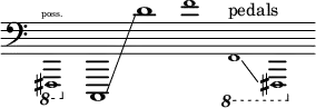 {
\new Staff \with { \remove "Time_signature_engraver" }
\clef bass \key c \major \cadenzaOn
\ottava #-1 \tweak font-size #-2 fis,,,1 \finger \markup \text "poss."
\ottava #0 c,, \glissando d'
\tweak font-size #-2 f'
\ottava #-1
\tweak font-size #-2 f,, ^ \markup "pedals"
\glissando
\relative c,,, { \tweak font-size #-2 fis! }
}