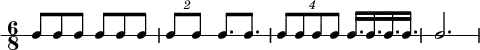 \new RhythmicStaff {
\clef percussion
\time 6/8
\set Score.tempoHideNote = ##t \tempo 4 = 100
c8 c c c c c
\tuplet 2/3 { c8 c } c8. c
\tuplet 4/3 { c8 c c c } c16. c c c
c2.
}