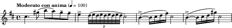 \relative c'' { \clef treble \time 4/4 \key b \minor \tempo "Moderato con anima" 4 = 100 cis4. gis'8( b a) gis-- fis-- | e4-> \times 8/9 {d32( e d e d e d e d } cis2) | b4->~( b16 cis d fis) cis2 | b4->~( b16 cis d gis) cis,2 }